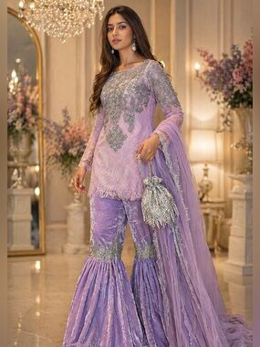 Lavender Velvet Sharara kurta set- XS